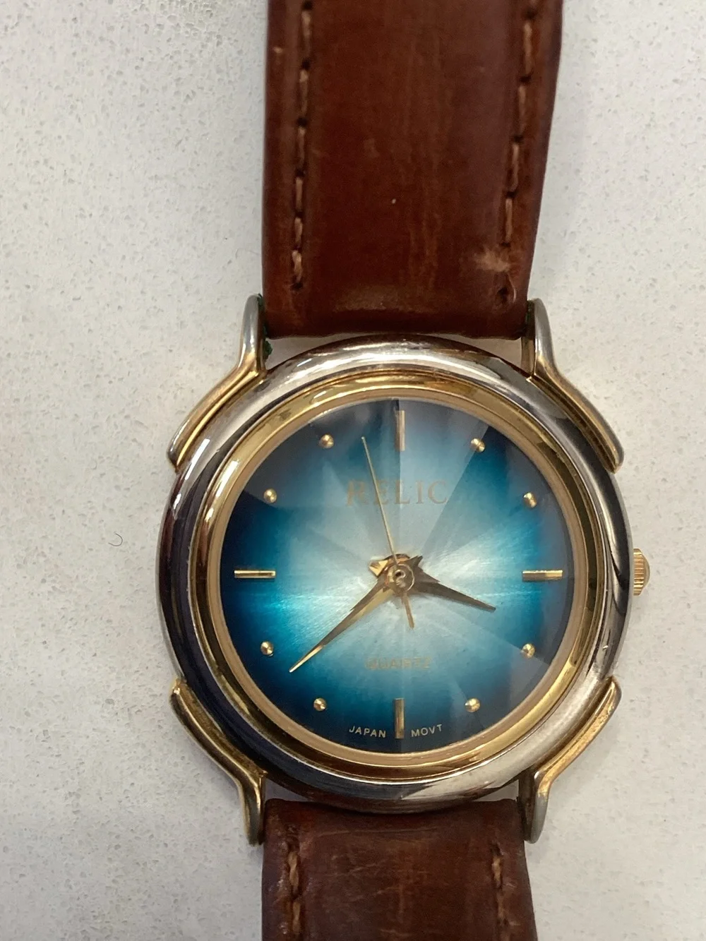 Vintage Relic Blue Sunburst Dial Brown Leather Strap Watch